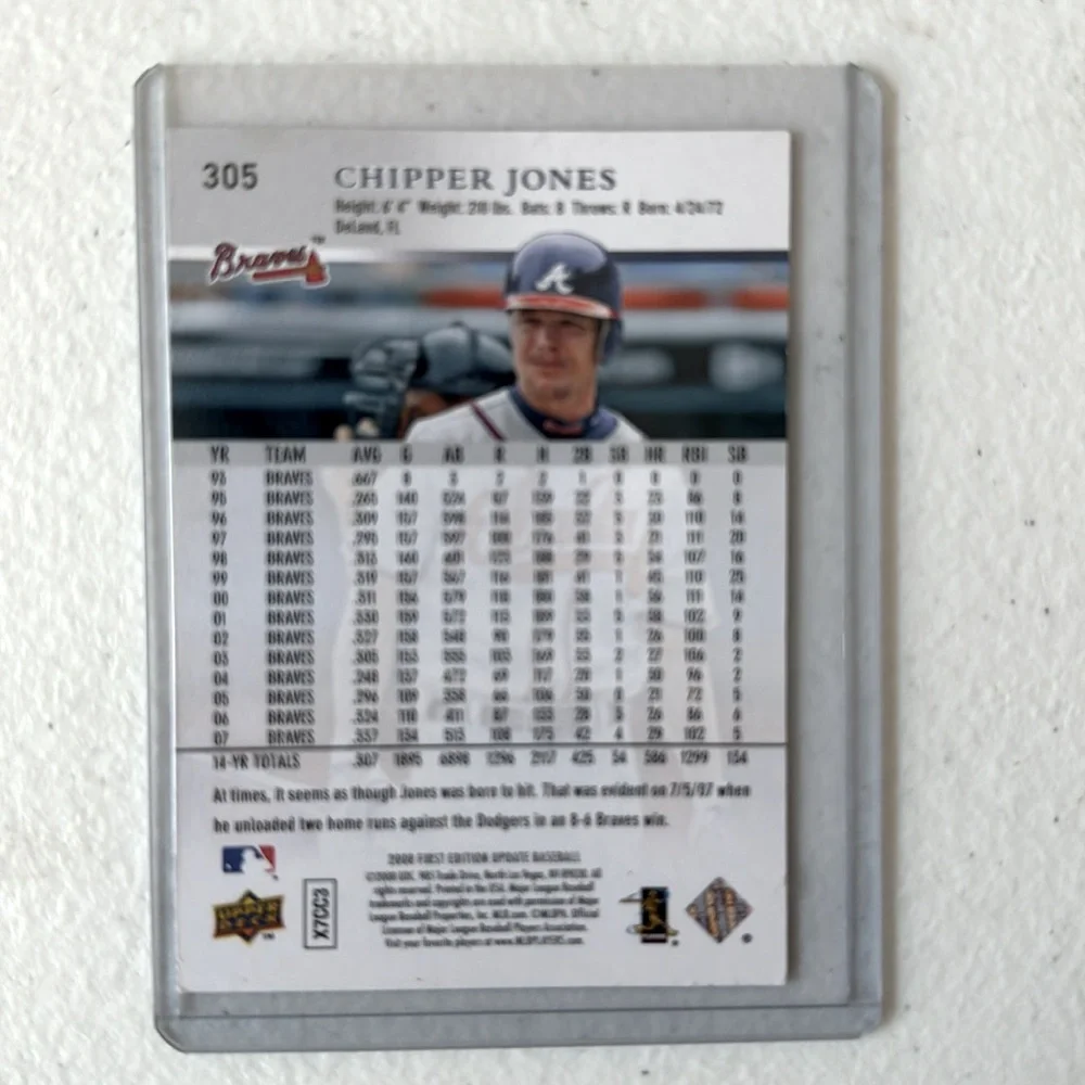 NEW 1st Edit. Upper Deck Chipper Jones 2008 card 305 in hard protective sleeve